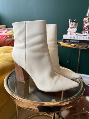 Marc Fisher Cream Pointed-Toe Leather Block Heel Ankle Boots